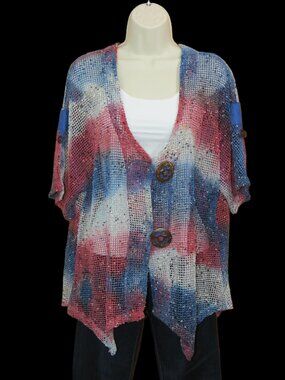 Katie Todd Red, Cream, & Blue Mesh Open Knit Top Size Large